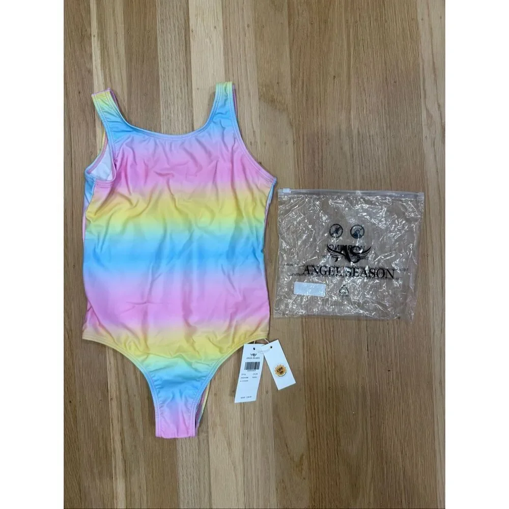 NWT Angel Season Girls One Piece Rainbow Swimsuit 9-10y